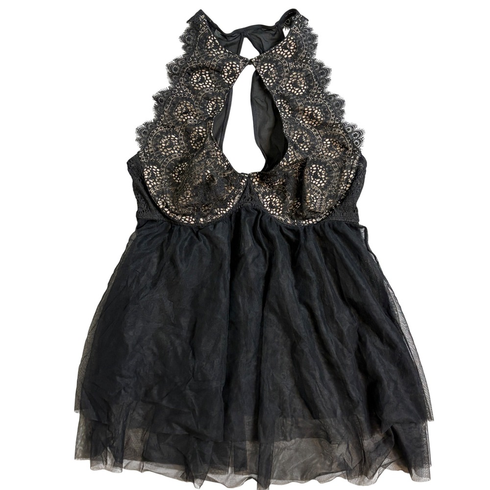 Jezebel Eve Babydoll Chemise L Black Lace Underwire Halter Sheer Mesh Lingerie
